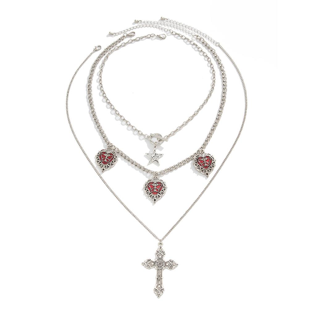 Gothic Diablo Red Love Dagger Star Necklace, Halloween Skull Frame Stacked Necklace