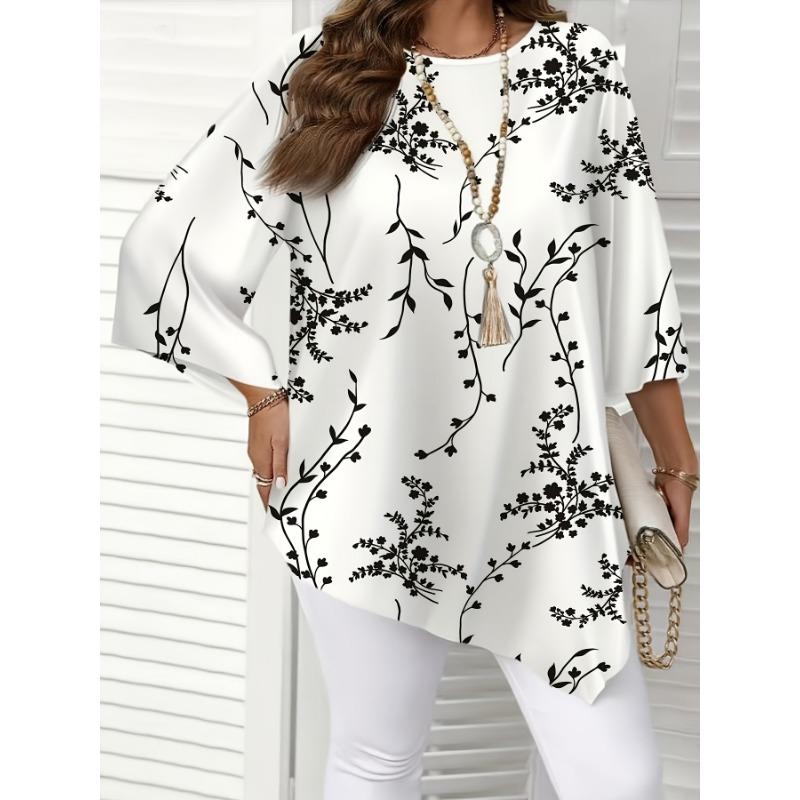 Floral Print Denim‑Effect Women 3/4 Sleeve Pocket Tunic Shirt
