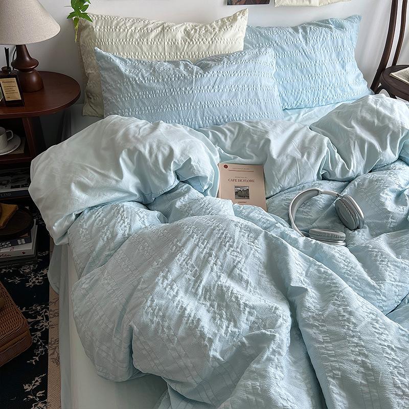 Seersucker Cloud Cotton 4Pcs Set Solid Color Bed Sheet Mattress Quilt Cover 3Pcs Set