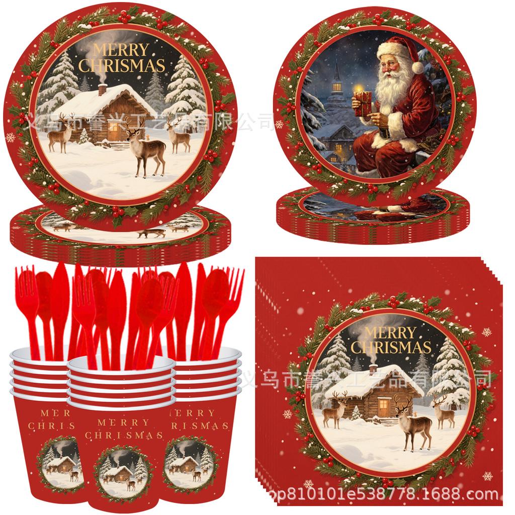 Christmas Themed Party Paper Plates Tissue Supplies Holiday Disposable Party Tableware Decorative Paper Plates Paper Cups