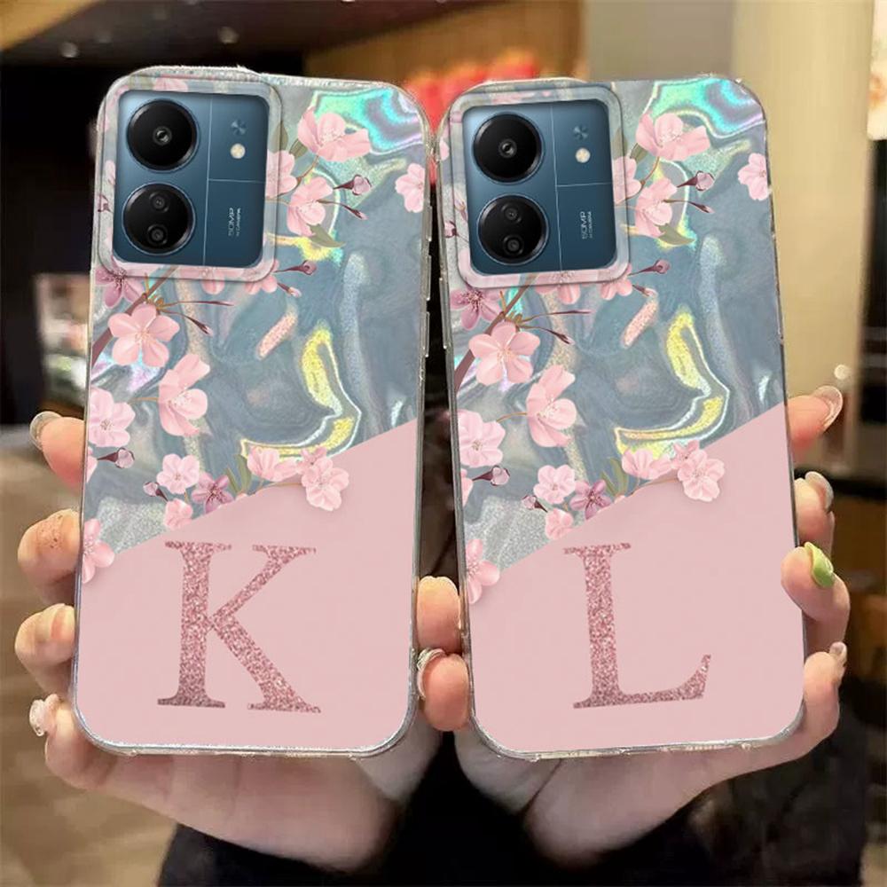 

Initial Letter A Z Case For Xiaomi Redmi 13C 14C A3 A3X A5 Poco C71 C75 C65 C61 Cover Pink Flowers Silicone Back Fundas Bumper Poco C65 білий