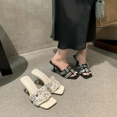 Mode Damen Hausschuhe Mode Offene Zehen Geflochten 2025 Sommer Neu Lässig Print Designer Strand Damen Stiletto Hohe Absätze