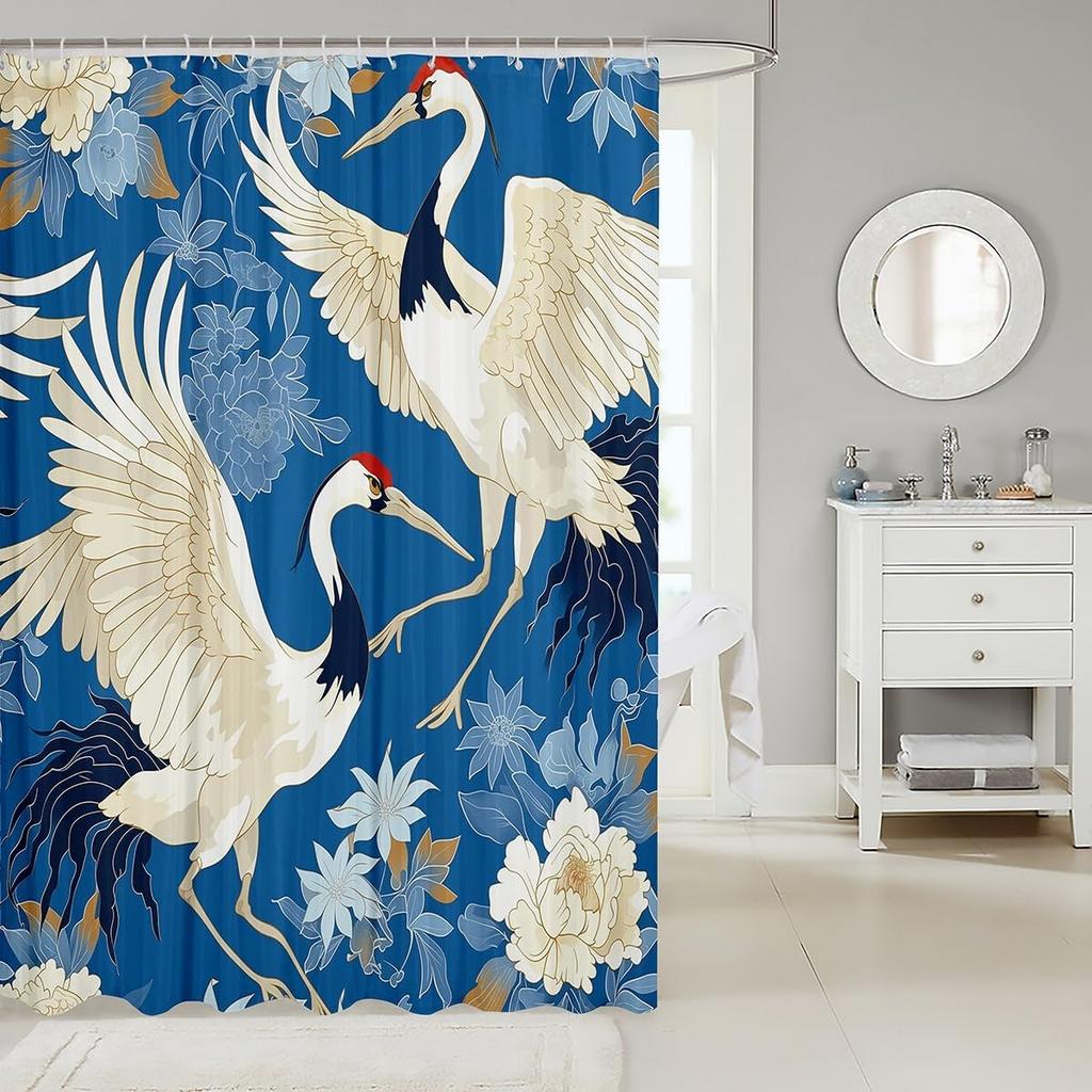 Crane Fabric Shower Curtain Flying Bird Flower Shower Curtain Boys Girls Japanese Crane Painting Bathroom Waterproof Accessori