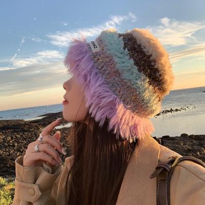 Contrast Color Plush Beanie Women's Autumn and Winter Face Showing Small Fisherman Hat Sweet Warm Plush Knitted Hat