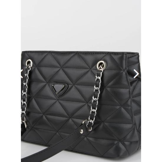 Crocos Black Quilted 3 Compartment Zipper Closure Lined Hand Arm And Shoulder Bag With Chain Strap