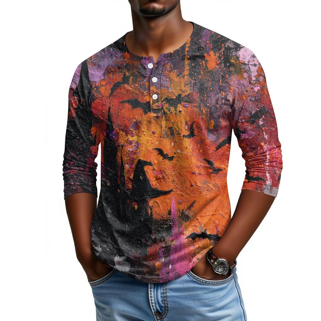Men Casual Halloween Print Henley Shirt Raglan Three Quarter Sleeve Top Lightweight Comfortable Fabric