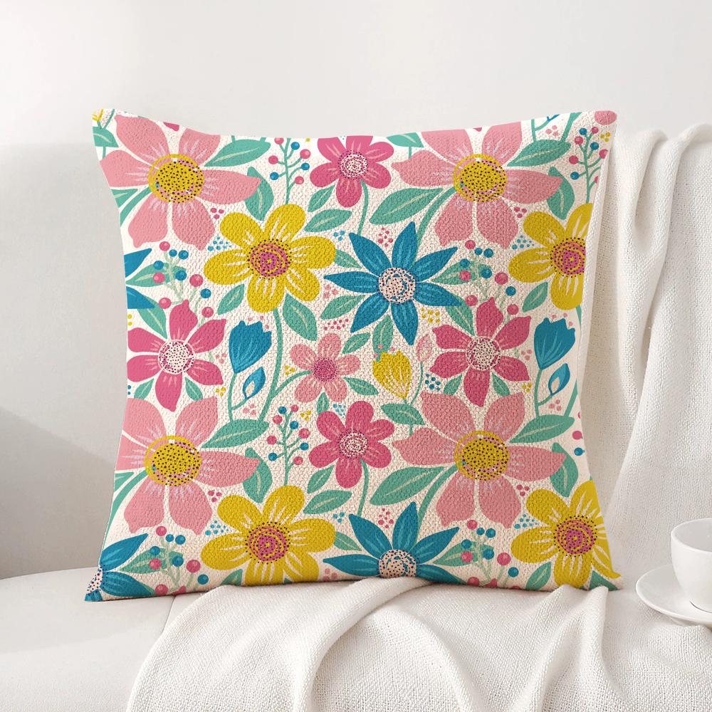 Colorful Flowers Cushion Cover Natural Linen Organic Fabric DoubleSided Printing Sofa Home Decor Breathable Bed Pillow