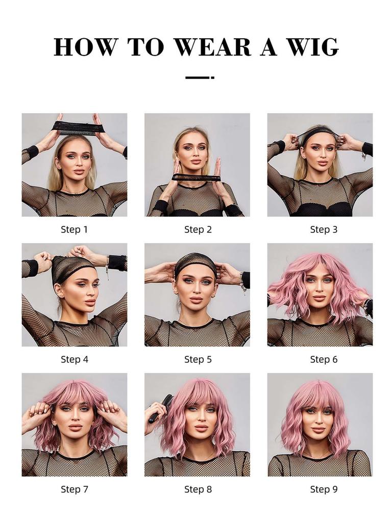 Women's Cross-Border Wigs: Long Straight Hair with Bangs, High-Temp Synthetic, Full Coverage, Available in Black, Red-Brown, Orange, and Pink.