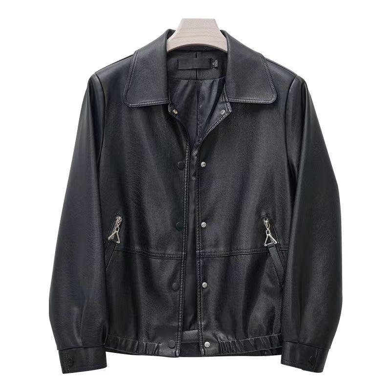 

Новый стиль женская кожаная куртка с лацканами осенняя простая и универсальная в западном стиле свободного кроя с длинными рукавами 4XL