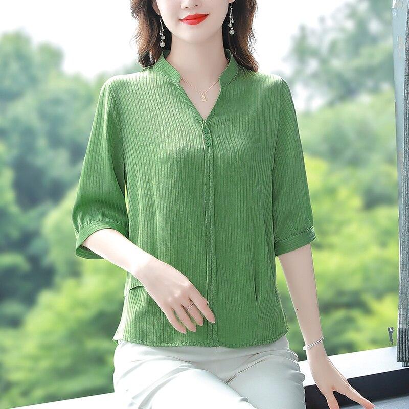 Simple Chiffon Blouse Women Office Lady V Neck Womens Shirts Short Sleeve Summer Tops Loose Female Clothing Blusas 24735
