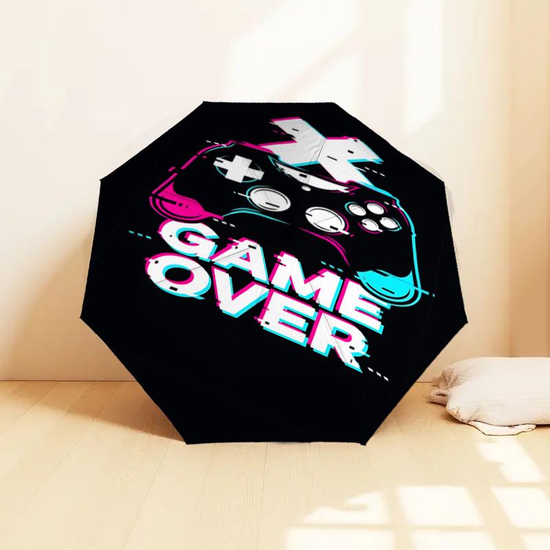 Game Over Video Game Controller Glitch Effect Automatic Opening Folding Umbrella with 8-Bone Iron Frame - Portable Design for Outdoor Use, F