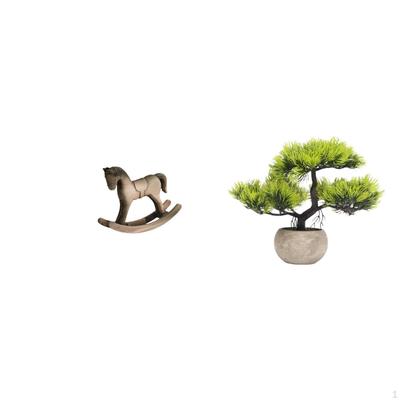 Rocking Horse Wood Sculpture Artistic Retro Ornament Figurine with Artificial Bonsai Tree Greenery