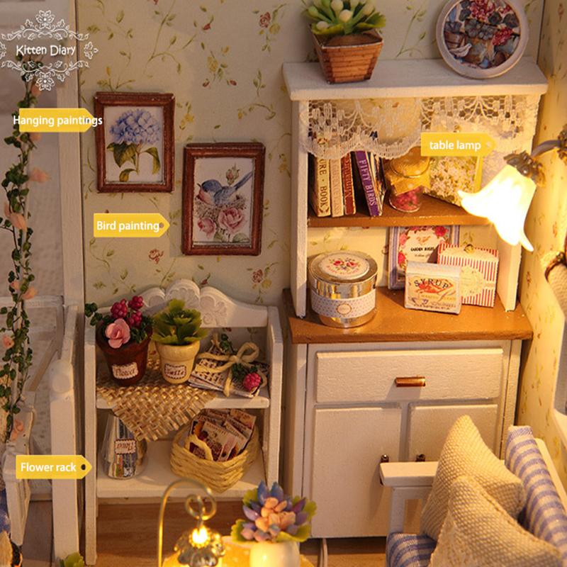 Casă de păpuși mini din lemn, puzzle 3D de asamblat, model de construcție, jucării, decorațiune pentru casă, dormitor, cu mobilier, lumini LED, jucărie, cadouri de Crăciun