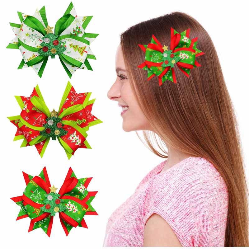 Dwuwarswowy brokatowy klips do włosów choinka dla dzieci