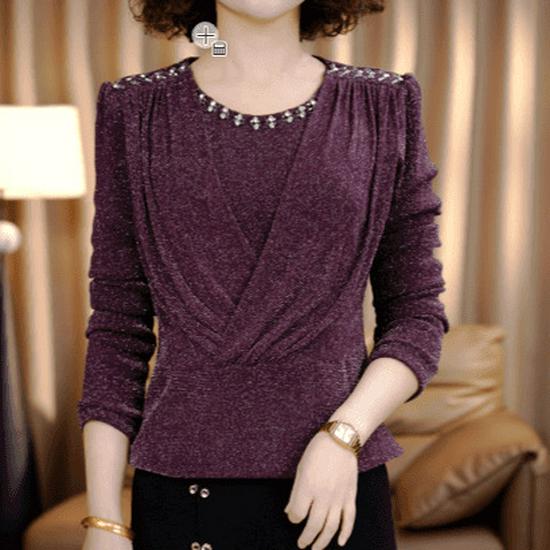 In Stock: Elegant Floral French Spring Blouse with Beaded Lace & Round Neck - Thickened Bright Silk Base Layer