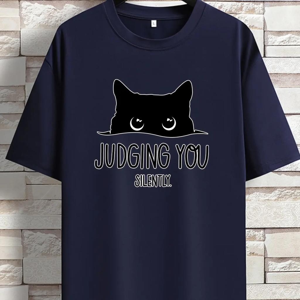 Men's Summer 100% Pure Cotton Fashionable Casual Loose Sports YOU SILENT Cat Print Round Neck Short Sleeved T-shirt top#Color
