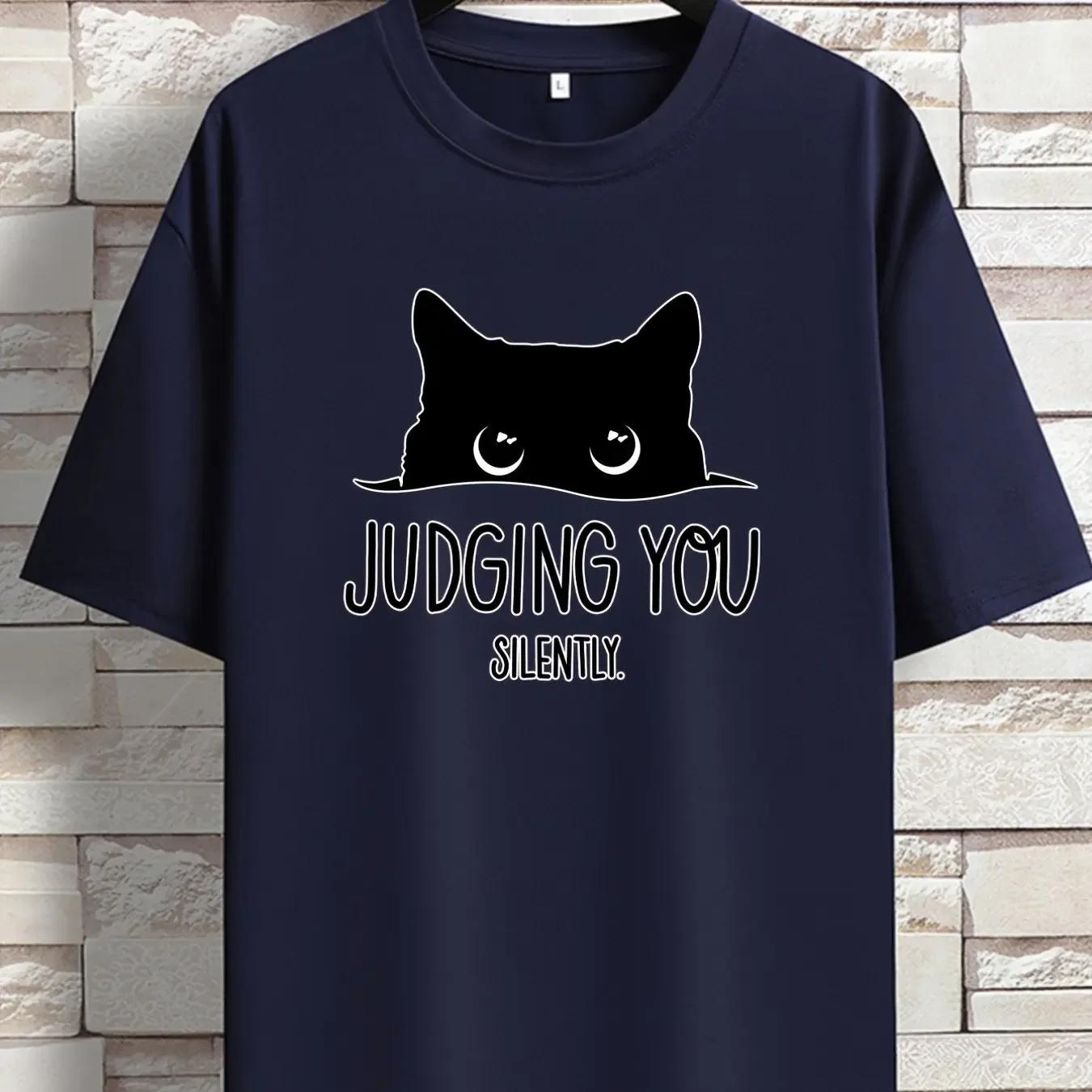 

Мужская летняя модная повседневная футболка с коротким рукавом и круглым вырезом, свободного кроя, из 100% чистого хлопка с принтом кота YOU SILENT#Цвет XXXXXL чёрный