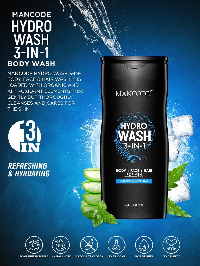 Mancode Hydro Body Wash For Men 450ml, 3 In 1 Active Body Wash For Body, Shower Gel For Men, Bodywash, Face And Hair With Refreshing Menthol And