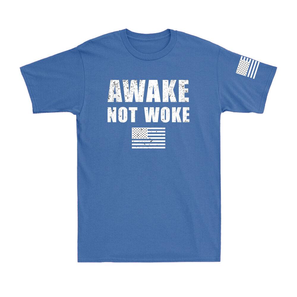 Awake Not Woke American Flag Conservative Funny Political Joke Men T-shirt Tee S