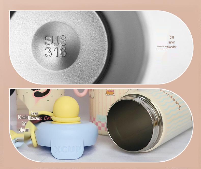 Cute Cartoon Animal Thermos with Straw & Lanyard - 316 Stainless Steel Children's Portable Cup