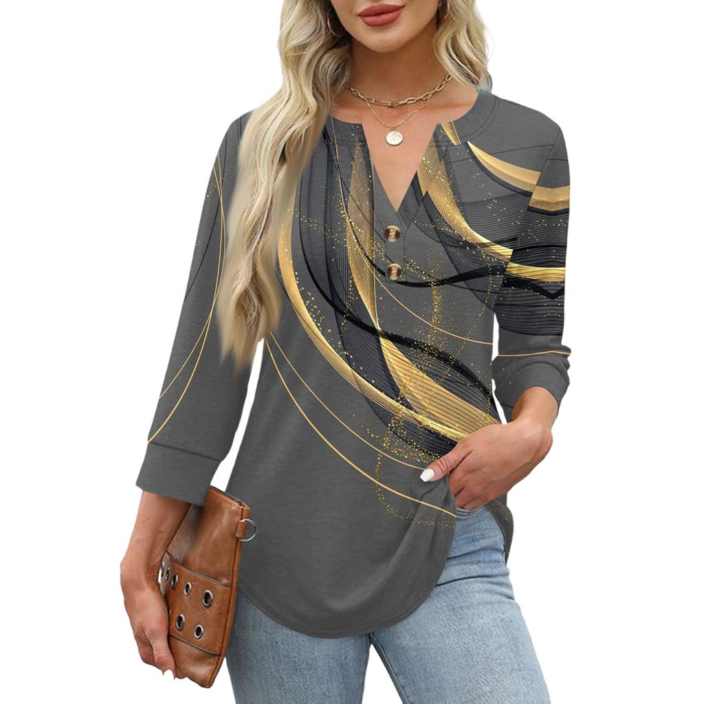 Women's Fashion Casual Floral Print Neck 3/4 Sleeve T-Shirt Top for Everyday Wear