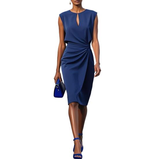 Women s Business Work Dress Crew Neck Sleeveless Ruched Bodycon Dress Summer Slimming M темно-синий