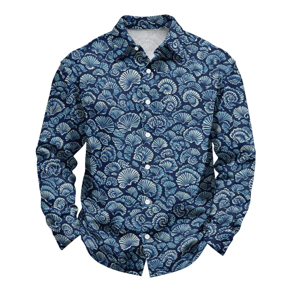 Herren Hawaiihemd Lockerer Schnitt Langarm Knöpfe Retro Lässig