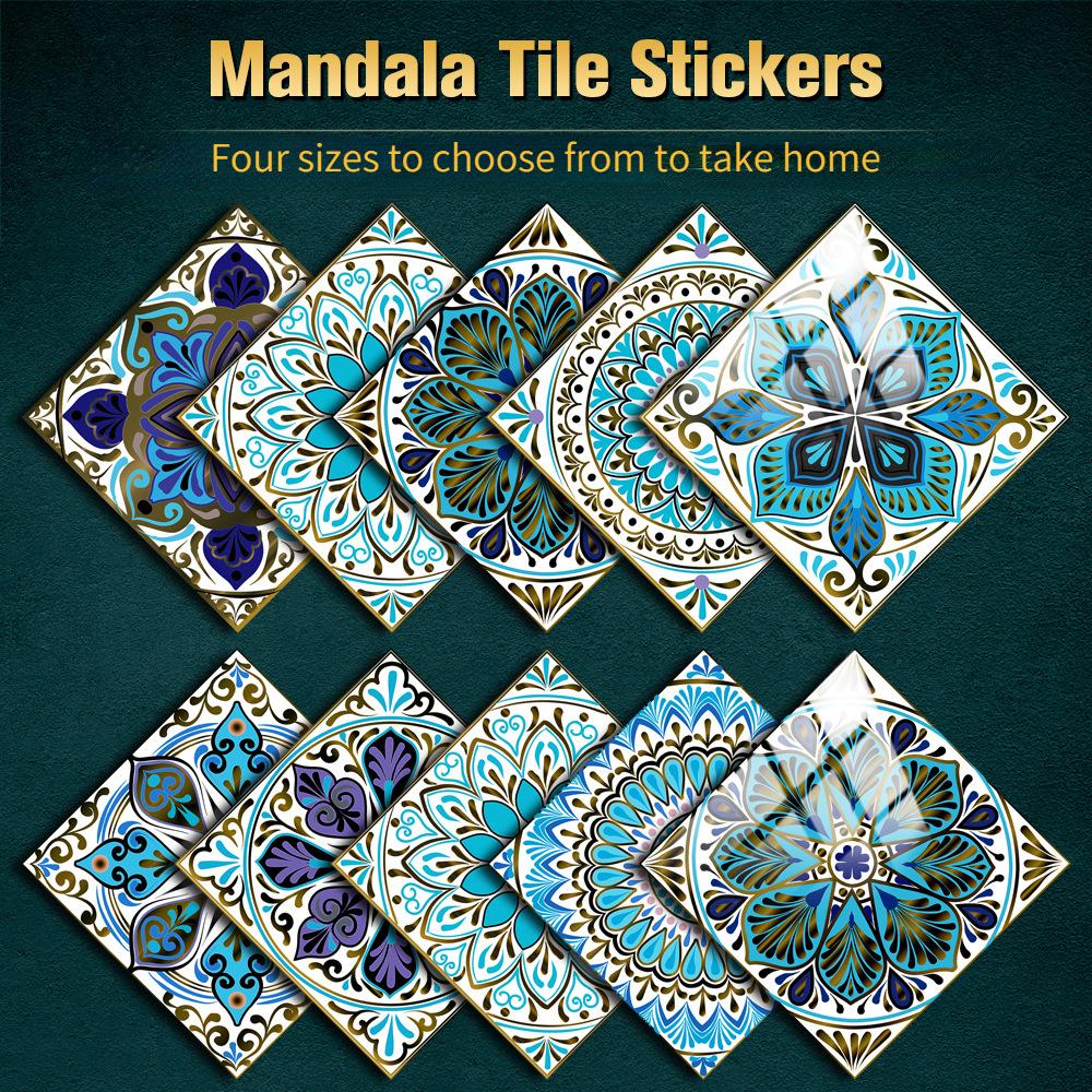 10pcs Mandala Crystal Hard Tiles Ceramic Wall Stickers Peel Stick Decals for Kitchen Wardrobe Home Decor Art Mural DIY
