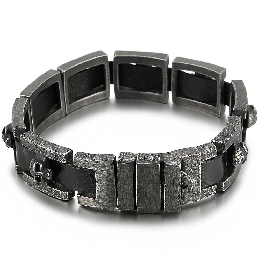 

Панк Готический Мужской Браслет Череп Потертый 316L Нержавеющая Сталь и Кожаный Браслет-Обертка для Мужчин с Застежкой в Стиле Ремешка для Часов 22CM чёрный