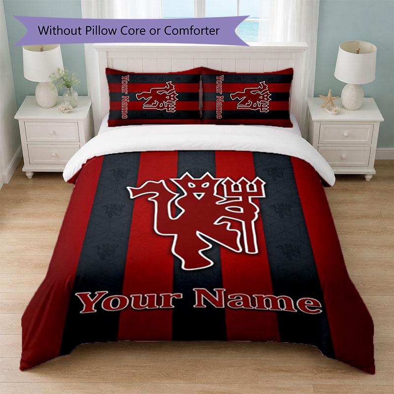 Juego de Ropa de Cama Personalizado Manchester United con Nombre y Texto 1 Funda Nórdica + 2 Fundas de Almohada Logo de Fútbol Regalo Personalizado para Ocasión Especial Decoración de Dormitorio