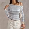 Damen schulterfrei gestreift Langarm Crop Top Rippstrick figurbetont Lässig Ausgeh-T-Shirt