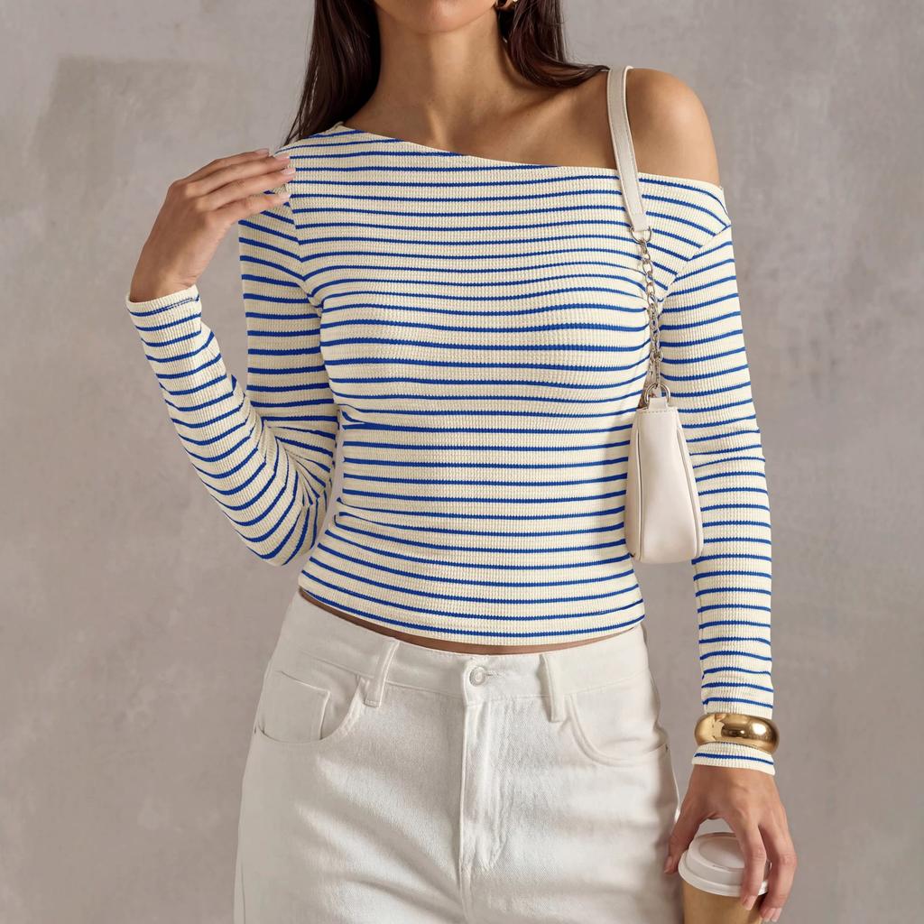 Damen schulterfrei gestreift Langarm Crop Top Rippstrick figurbetont Lässig Ausgeh-T-Shirt
