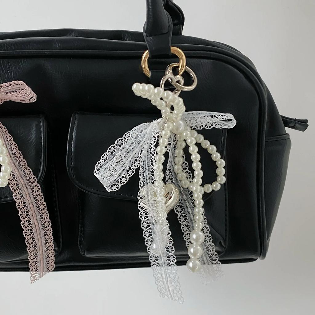 Lace Bowknot Keychain Imitation Pearls Beaded Pendant Keyring for Women Handbag Backpack Key Chain Ornament