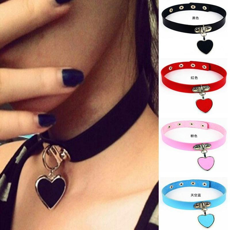 Eco-friendly PU Leather Anime Harajuku Punk Goth Love Peach Heart Pendant Necklace Collar Leather Necklace Necklace
