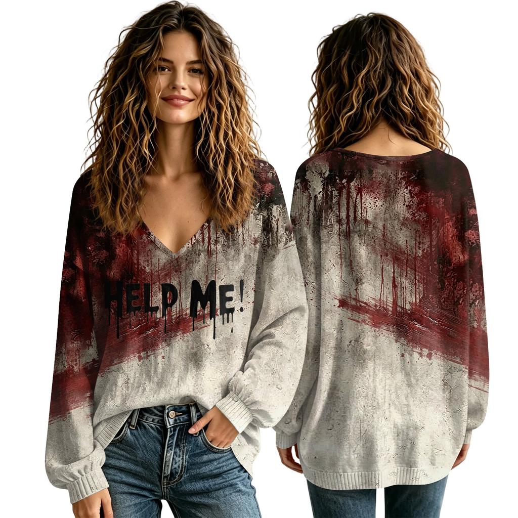 Women's V-Neck Halloween Shirt for Fall, Seasonal Top for Ladies