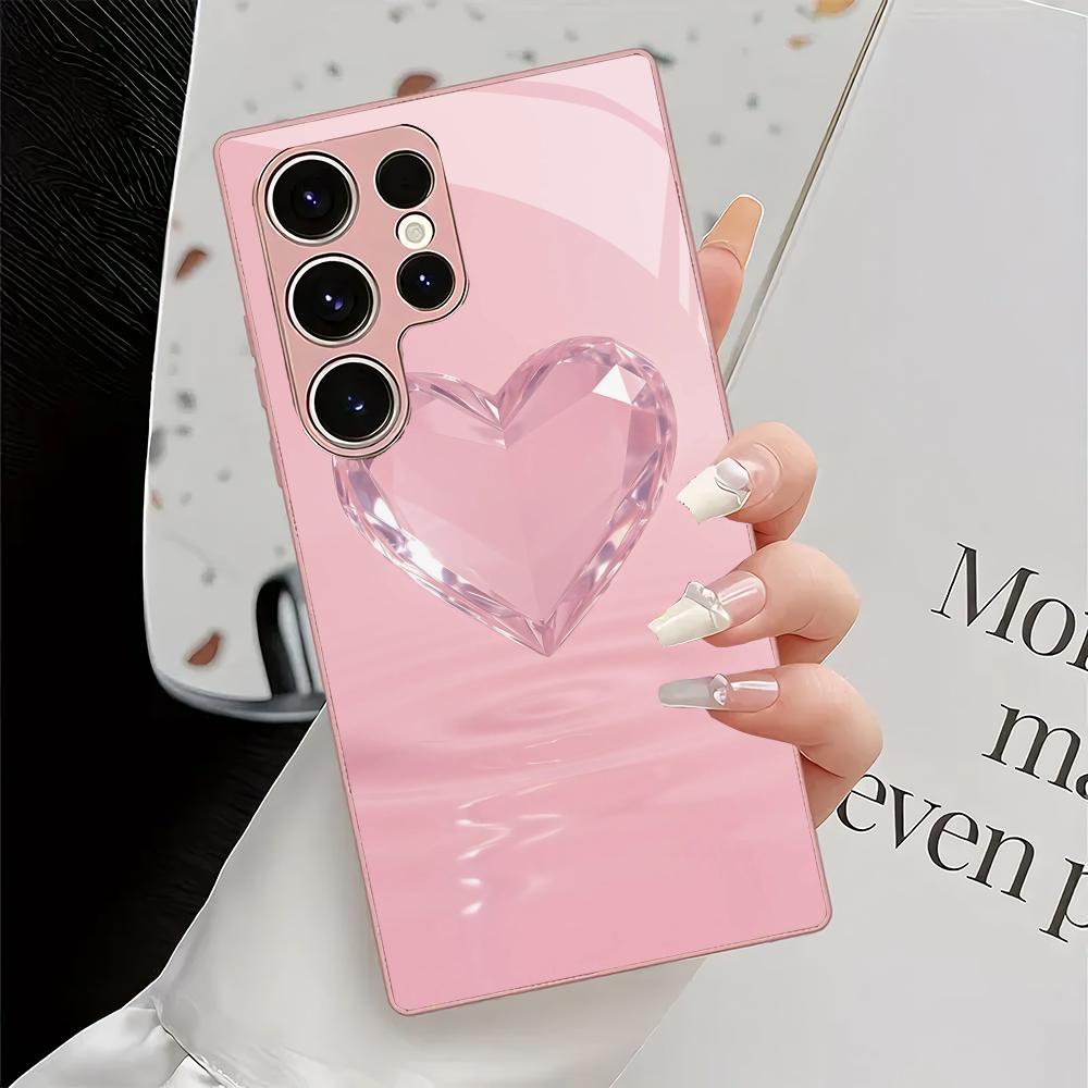Simple heart-shaped metallic paint glass phone case suitable for Samsung Galaxy S26 S25 S24 S22 S21 S20 FE/Ultra/Plus anti drop