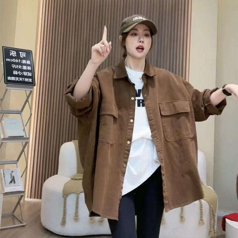 Autumn Mid-length Brushed Casual Thickened Shirt for Women with Dropped Shoulder Sleeves Large Size Stacked Polo Collar Jacket