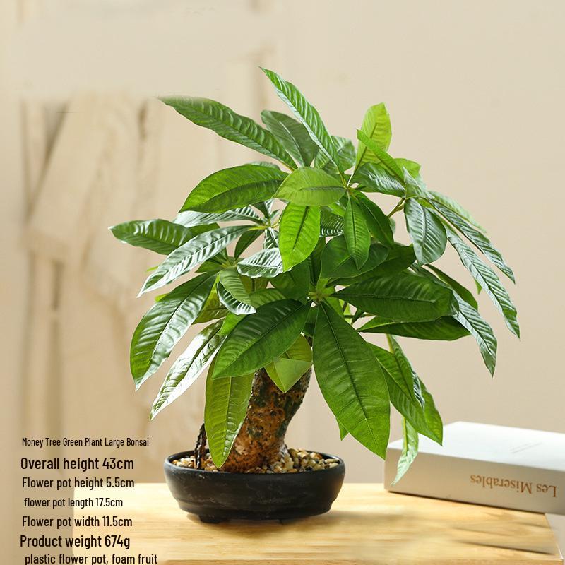 Creative Wooden Basin with Artificial Green Plant Bonsai Ornament for Display and Decoration.