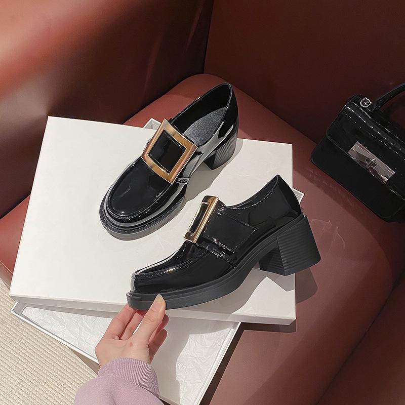 

rvsm туфли с квадратной пряжкой, на высоком каблуке, на толстой подошве, женские, осенние, с мелким вырезом, со стразами, новые, на толстом каблуке, увеличивающие рост, британские маленькие кожаные туфли 40