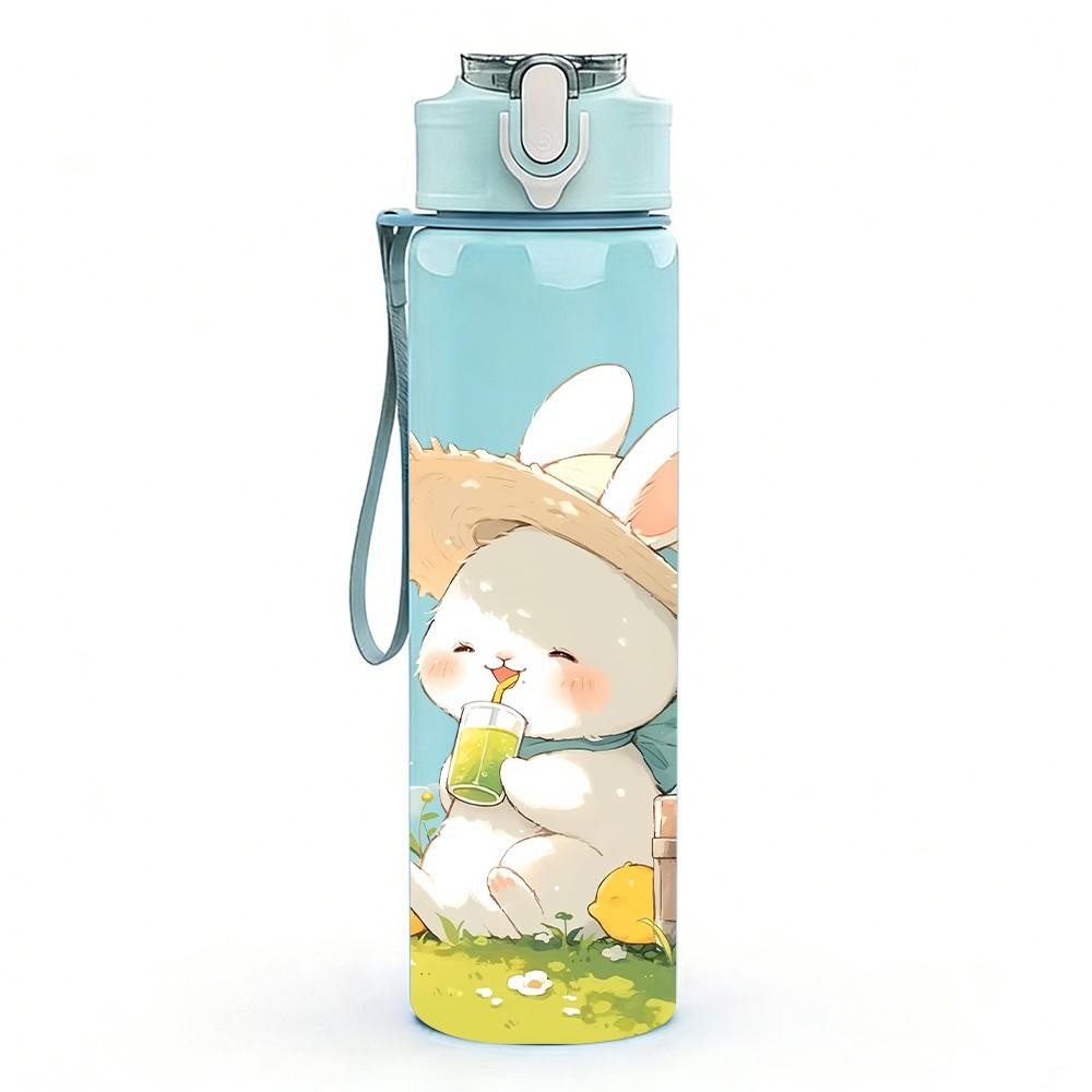 1PC Bunny Picnic Spring Cute Print 750ml Color Plastic Sports Water Bottle Leakproof Flip Straw Lid Suitable for Sports Office Home Use