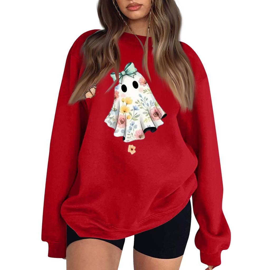 Women's Long Sleeve Neck Sweatshirt Loose Fit Casual Pullover Top, Color and Halloween Small Print