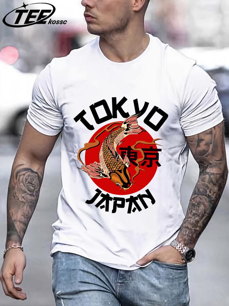 Harajuku Tokyo Japan Koi Fish Design Men TShirts Fashion Short Sleeve AllMatch Cotton Soft T Shirt Summer Unisex Loose Clothes