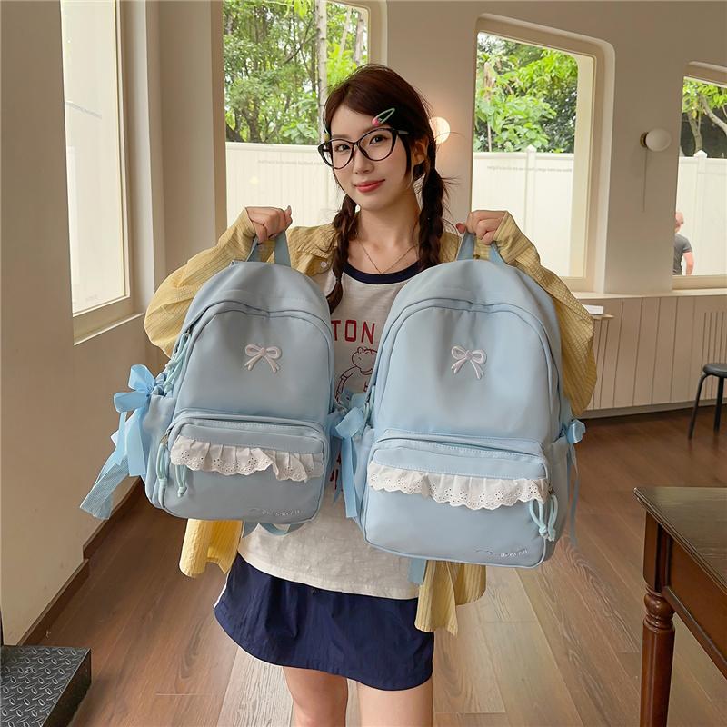 Zaino con Ricamo a Fiocco Pizzo di Nylon Borsa Scolastica per Studenti