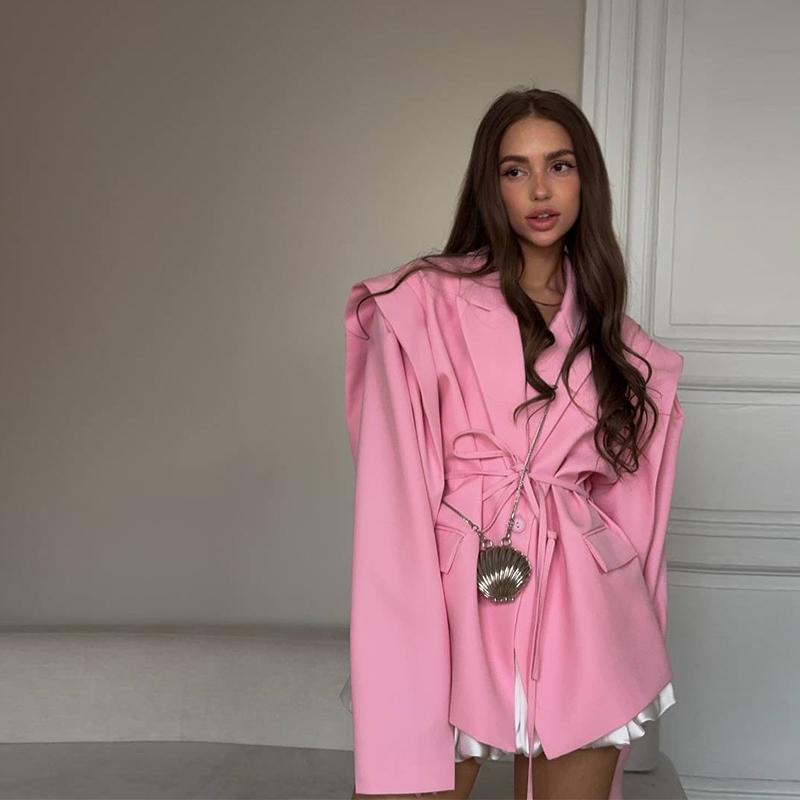 Lace Up Shoulder Pad Blazer Coat Women Elegant Turn-down Collar Long Sleeve Pockets Slim Fit Coats Chic Ladies Commute Outerwear