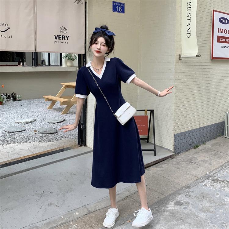 Buy Blue Dress for Women V-neck French Polo Dress Summer Solid 