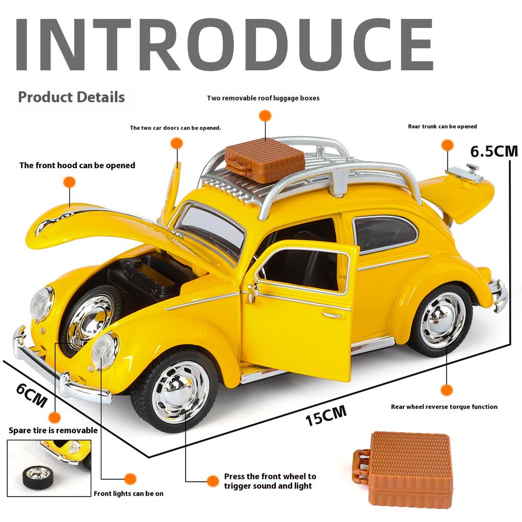 1/32 Volkswagen Beetle Alloy Die-cast Car Model Sound and Light Bring Back Pull Function Vehicle with Base Ornament Children's Gift