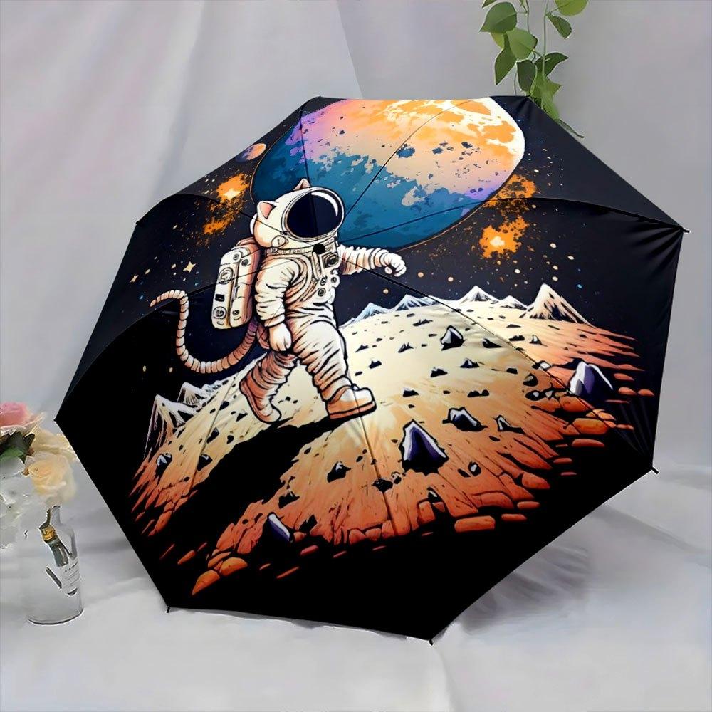 Automatic Open/Close Folding Umbrella with Astronaut Cat - Space-Themed Umbrella, Compact Travel Umbrella with 8-Rib Sturdy Fr