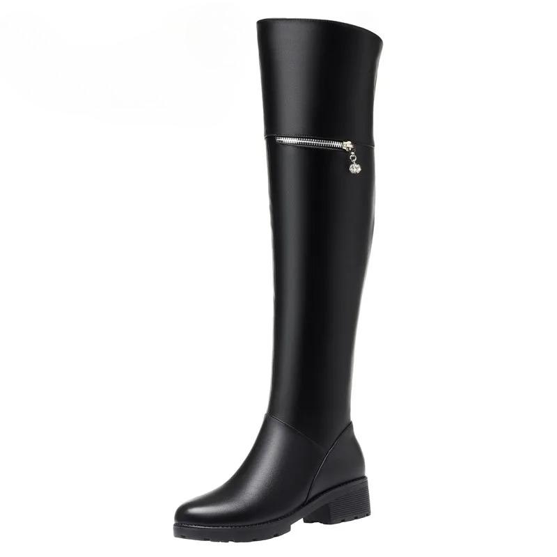 Women's Over Knee Boots Winter Fashion Middle Heel Fur Long Boots Women Genuine Leather Rider Boots Ladies