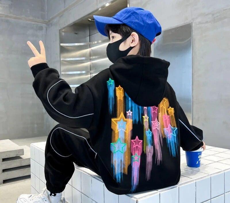 Teenage Boy Clothes Set Children Girlhoodies Sweatshirt Top and Pants Outfit Colorful Star Print 2 Piece Hooded Tracksuit
