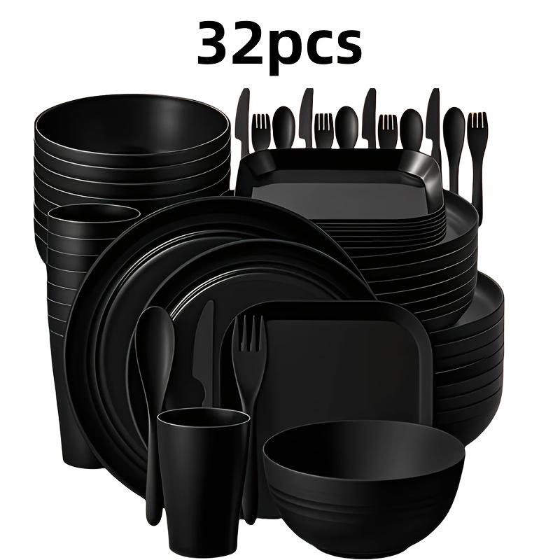 

32/64 шт. Легкий кухонный набор из полипропилена, можно мыть в посудомоечной машине, прочная посуда, современный круглый дизайн для пикника, вечеринки, черный